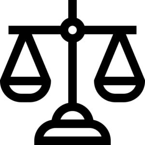 Graphic icon of a set of evenly balanced scales.